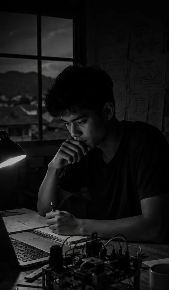 Builder muda bekerja larut malam